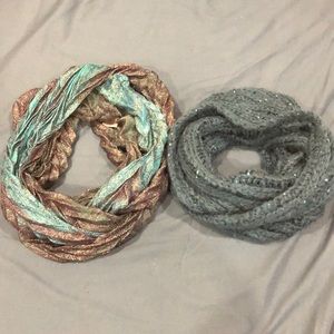 Two Blue and Green Infinity Scarves